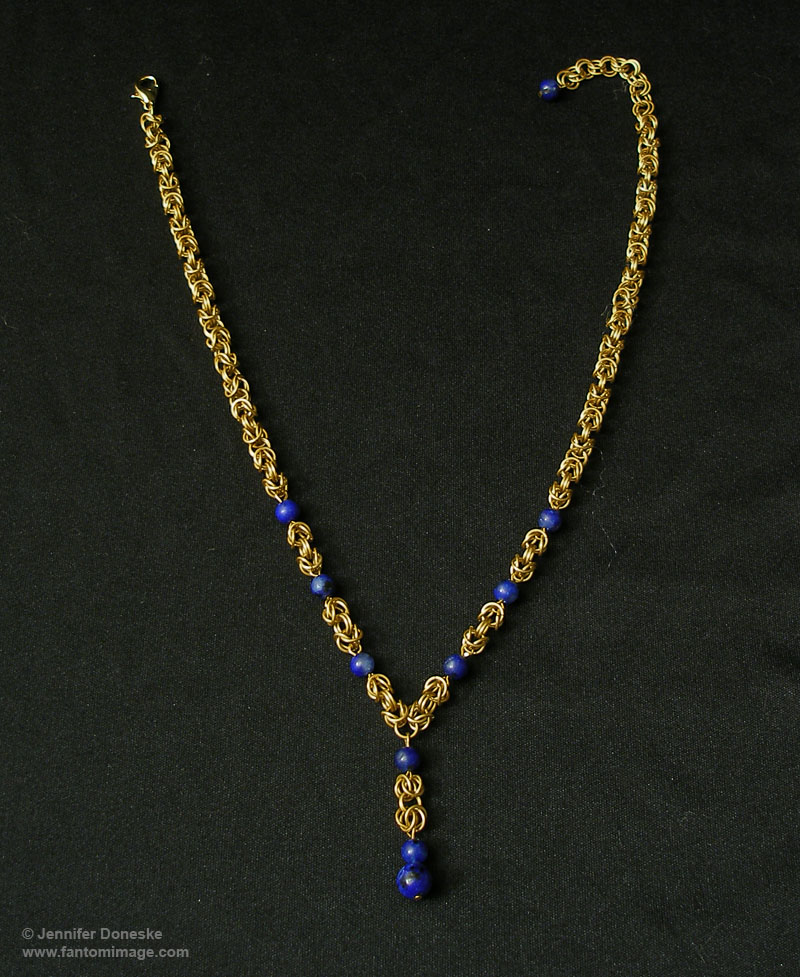 gold brass blue lapis lazuli chainmail byzantine necklace
